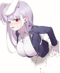 Rule 34 | 1girl, animal ears, black jacket, blazer, blush, breasts, collared shirt, commentary, crescent, crescent pin, english commentary, extra ears, heoningu, highres, jacket, large breasts, long hair, long sleeves, looking at viewer, purple hair, rabbit ears, rabbit girl, red eyes, reisen udongein inaba, shirt, solo, through wall, touhou, upper body, white background, white shirt