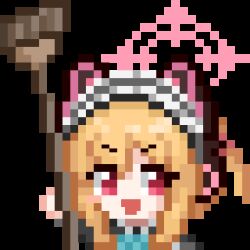 Rule 34 | 1girl, :3, :d, animal ear headphones, animal ears, animated, animated gif, aqua bow, aqua bowtie, black dress, blonde hair, blue archive, bow, bowtie, broom, cat ear headphones, cat ears, chinese commentary, closed mouth, commentary, dress, fake animal ears, hair bow, halo, headphones, holding, holding broom, long sleeves, looping animation, lowres, maid, maid headdress, momoi (blue archive), momoi (maid) (blue archive), official alternate costume, official alternate hairstyle, open mouth, parted bangs, pink eyes, pink halo, pixel art, portrait, red bow, short hair, short twintails, sidelocks, simple background, smile, solo, spinning, sy (isy5100), transparent background, twintails, v-shaped eyebrows, white headdress