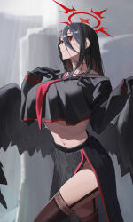 1girl absurdres black_garter_straps black_gloves black_hair black_serafuku black_thighhighs black_wings blue_archive breasts cropped_shirt feathered_wings garter_straps gloves hair_between_eyes halo hasumi_(blue_archive) highres huge_breasts light_smile long_hair long_hair_between_eyes long_sleeves looking_ahead midriff mole mole_under_eye navel neckerchief pleated_skirt red_eyes red_neckerchief rinchen_garun sailor_collar school_uniform serafuku shirt_overhang skirt solo straight_hair thighhighs underboob very_long_hair white_sailor_collar wings