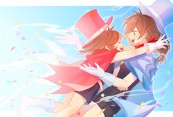 2girls :d ace_attorney aged_down antenna_hair apollo_justice:_ace_attorney arms_up belt black_dress blue_background blue_cape blue_hat boots brown_hair buttons cape child chinese_commentary closed_eyes commentary_request confetti dengfeng271 diamond_earrings dress dual_persona earrings feet_out_of_frame foot_out_of_frame gloves hand_up hat high_heel_boots high_heels highres incoming_hug jewelry jumping knee_boots leaning_back letterboxed light_particles long_hair low-tied_long_hair multiple_girls no_sclera open_mouth outside_border outstretched_arms pink_belt red_cape red_hat red_scarf scarf short_dress single_earring smile smoke solid_oval_eyes strapless strapless_dress teeth time_paradox top_hat trucy_wright upper_teeth_only white_boots white_gloves