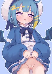 1girl bat_wings blonde_hair blue_background blue_hair blue_jacket blush cleft_of_venus clothes_lift commentary_request cowboy_shot dress dress_lift ear_piercing gluteal_fold hat highres jacket lifting_own_clothes lil-la_(yu-gi-oh!) loli long_sleeves looking_at_viewer multicolored_hair open_mouth piercing puffy_long_sleeves puffy_sleeves purple_eyes pussy short_hair simple_background solo streaked_hair takatsurt two-tone_hair uncensored white_dress white_hat wings yu-gi-oh!
