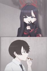 1boy 1girl absurdres black_hair black_necktie black_serafuku blue_archive breaking_bad brown_hair candy food grey_eyes halo highres holding holding_candy holding_food ichika_(blue_archive) long_hair necktie pocky red_sailor_collar sailor_collar scene_reference school_uniform sensei_(blue_archive) serafuku shirt wafer_stick wasserschwein21 white_shirt