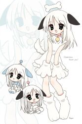 1girl 2000s_(style) animal_collar animal_ears bone chibi chibi_inset collar commentary commission dog_ears dog_girl dog_tail dress gloves hashtag-only_commentary highres long_hair original pallas_(lapithai) pluspod radio_antenna robot_ears skeb_commission socks standing tail tail_wagging white_dress white_gloves white_hair white_socks zoom_layer