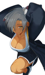 1girl absurdres animal_ear_fluff animal_ears arms_up black_hair black_jacket black_shoes black_shorts borrowed_character breasts brown_eyes cat_ears cat_girl cleavage closed_mouth commentary dark-skinned_female dark_skin dolphin_shorts earrings english_commentary glassesman grey_hair highres jacket jewelry kara_(vertigris) large_breasts looking_at_viewer multicolored_hair original shoes shorts simple_background smile solo streaked_hair stud_earrings tongue tongue_out two-tone_hair white_background