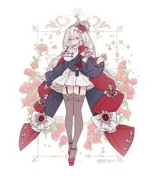 1girl blue_eyes bow breasts closed_mouth commentary commission double-parted_bangs dress fashion floral_background flower frilled_dress frills full_body garter_straps gem grey_thighhighs hair_flower hair_ornament high_heels lemon89h long_hair long_sleeves looking_at_viewer makeup original puffy_sleeves red_flower red_gemstone red_rose red_shoes rococo_movement rose shoes skirt solo standing thighhighs very_long_hair white_hair white_skirt