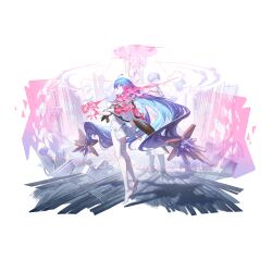 1boy 1girl ahoge artist_request barefoot blue_eyes blue_hair eniac_(neural_cloud) fire full_body game_cg girls&#039;_frontline girls&#039;_frontline_neural_cloud highres hologram leotard long_hair male_professor_(neural_cloud) official_art pink_fire professor_(neural_cloud) shawl solo_focus standing third-party_source transparent_background twintails white_leotard white_shawl