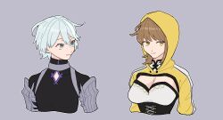 Rule 34 | 1boy, 1girl, alternate hairstyle, blue eyes, blue hair, breasts, brown hair, cleavage, fire emblem, fire emblem engage, goldmary (fire emblem), hahm0106, highres, hooded top, large breasts, light blue hair, looking at another, looking to the side, nintendo, rosado (fire emblem), yellow eyes