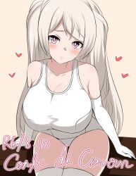 1girl blush breasts brown_eyes character_request cleavage conte_di_cavour_(kancolle) dated elbow_gloves gloves grey_hair heart highres impossible_clothes kamishita_tomori kantai_collection large_breasts long_hair looking_at_viewer one-piece_swimsuit sitting smile solo swimsuit table thighhighs two_side_up white_gloves white_one-piece_swimsuit white_thighhighs yellow_background