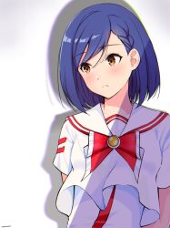 1girl aika_granzchesta andanden aria_(manga) arms_behind_back blue_hair blurry blurry_background blush bow bowtie braid breasts brown_eyes closed_mouth gradient_background grey_background hair_between_eyes highres himeya_company_uniform looking_to_the_side medium_hair red_bow red_bowtie sailor_collar shadow short_sleeves signature simple_background small_breasts solo swept_bangs upper_body white_background