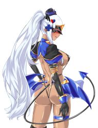 1girl absurdres areola_slip ass back black_gloves blush breasts corruption covered_erect_nipples dark-skinned_female dark_persona dark_skin demon_girl demon_tail demon_wings elbow_gloves facial_mark from_behind girls&#039;_frontline gloves hair_ornament hat highres hk416_(girls&#039;_frontline) large_breasts logia13laplace long_hair low_wings mask ponytail puffy_short_sleeves puffy_sleeves revealing_clothes short_sleeves shrug_(clothing) sideboob simple_background slave_gear slingshot_swimsuit smile solo swimsuit tail thigh_strap transparent_background ts_magical_girl_nao variant_set very_long_hair white_background white_hair wings