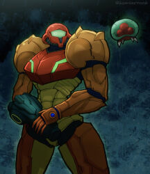 1girl arm_cannon armor artist_name assault_visor blue_background commentary cowboy_shot creature dark_background green_visor helmet highres metroid metroid:_samus_returns metroid_(creature) metroid_2:_return_of_samus metroid_larva nintendo power_armor power_suit_(metroid) red_helmet samus_aran star_yoshi twitter_username varia_suit weapon