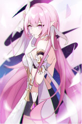 1girl absurdres amamiyayk back bare_shoulders black_shorts breasts chinese_commentary chromatic_aberration closed_mouth commentary_request cowboy_shot elysia_(herrscher_of_human:_ego)_(honkai_impact) elysia_(honkai_impact) finger_to_mouth from_side gloves hair_ornament heavy_chromatic_aberration highres honkai_(series) honkai_impact_3rd large_breasts long_hair pink_eyes pink_hair pointy_ears short_shorts shorts sidelocks solo veil very_long_hair white_gloves white_veil