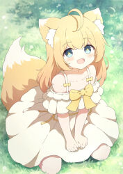 +_+ 1girl ahoge animal_ear_fluff animal_ears bare_shoulders blonde_hair blue_eyes bow commentary_request commission dress fox_ears fox_girl highres long_hair looking_at_viewer on_grass open_mouth original outdoors skeb_commission solo tyomimas variant_set white_dress yellow_bow