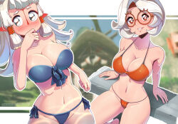 2girls arm_support barefoot bikini blue_bikini blurry blurry_background blush border breasts cleavage collarbone commentary cowboy_shot eye_symbol facial_mark forehead_mark glasses grin hair_tubes hairband kagato007 large_breasts letterboxed long_hair looking_at_viewer multiple_girls navel nintendo orange_bikini outline outside_border paya_(zelda) purah red-framed_eyewear red_eyes red_hairband round_eyewear sheikah short_hair side-tie_bikini_bottom sitting smile stomach strapless strapless_bikini swimsuit the_legend_of_zelda the_legend_of_zelda:_tears_of_the_kingdom white_border white_hair white_outline