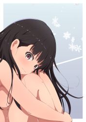 1girl absurdres amagami ayatsuji_tsukasa black_eyes black_hair blue_background border breasts closed_mouth commentary_request completely_nude gradient_background hair_behind_ear highres hugging_own_legs kagari_ds knees_up long_hair looking_at_viewer nude outside_border sitting small_breasts snowflakes solo thighs white_border