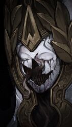 black_background blood broken_skin chinese_commentary closed_eyes commentary_request helmet highres monster original photo-referenced portrait simple_background tagme teeth tentacles tworain_w white_mask