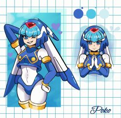Rule 34 | 1girl, armor, artist name, blue armor, blue eyes, blue helmet, blush, cowboy shot, fairy leviathan (mega man), fins, forehead jewel, head fins, heart, helmet, highres, mega man (series), mega man zero (series), multiple views, one eye closed, parted lips, poko589, smile, upper body