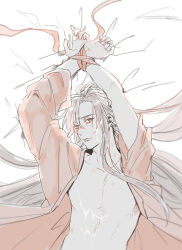 1boy alternate_hairstyle arms_up bdsm bed_sheet bishounen blush bondage bound bound_wrists chinese_clothes collarbone cum cum_on_body cum_on_male facial hair_down hanfu hickey implied_yaoi long_hair looking_at_viewer lying male_focus modao_zushi monochrome naked_robe navel on_back open_clothes open_robe parted_lips partially_undressed pectorals red_ribbon red_robe ribbon ribbon_bondage robe solo spot_color tears upper_body very_long_hair wei_wuxian ykmr_(haga)