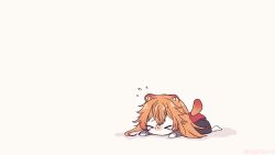 &gt;_&lt; 1girl animal_ear_fluff animal_ears barefoot black_dress chibi child closed_eyes commentary_request dress fallen_down flying_sweatdrops full_body grey_dress highres layered_dress long_hair lying metal_wrist_cuffs on_stomach orange_hair raccoon_ears raccoon_girl raccoon_tail raphtalia red_dress simple_background solo tail tate_no_yuusha_no_nariagari two-tone_dress white_background yunimoq