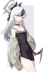 Rule 34 | 1girl, absurdres, black choker, black dress, black horns, blue archive, choker, collarbone, demon horns, demon wings, diamond necklace, dress, ear piercing, grey halo, grey jacket, halo, highres, horns, jacket, kayoko (blue archive), kayoko (dress) (blue archive), long hair, looking at viewer, mole, mole on collarbone, mole on neck, multicolored hair, official alternate costume, piercing, red eyes, roro1515, single wing, solo, studded choker, two-tone hair, wings