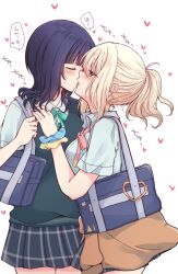 2girls asaka_karin bag blonde_hair blue_hair blue_shirt blush breasts cardigan cardigan_around_waist closed_eyes clothes_around_waist collared_shirt commentary_request from_side heart highres kiss kuroda_roku_(345) love_live! love_live!_nijigasaki_high_school_idol_club medium_breasts medium_hair miyashita_ai multiple_girls neck_ribbon nijigasaki_school_uniform orange_eyes plaid_clothes plaid_skirt pleated_skirt ponytail ribbon school_bag school_uniform scrunchie shirt short_sleeves sidelocks skirt sound_effects speech_bubble summer_uniform sweater_vest translation_request white_background wrist_scrunchie yuri