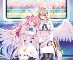 Rule 34 | 2girls, angel wings, black pantyhose, blonde hair, blue archive, breasts, closed eyes, closed mouth, commentary, dress, feathered wings, flower, hair bun, hair flower, hair ornament, halo, highres, holding hands, large breasts, long hair, long sleeves, medium breasts, mika (blue archive), multiple girls, nagisa (blue archive), natie, neckerchief, pantyhose, pink hair, pink halo, single side bun, sitting, sleeping, very long hair, white dress, white pantyhose, white wings, wings, yellow eyes