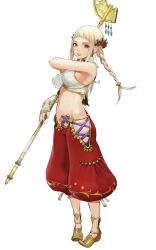 1girl baggy_pants blonde_hair blush bracer braid breasts collar conto final_fantasy final_fantasy_xii final_fantasy_xii_revenant_wings fingerless_gloves gloves hair_ornament highres hip_vent holding holding_staff large_breasts long_hair looking_at_viewer lowleg pants penelo sideboob simple_background solo staff twin_braids twintails white_background