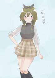 1girl alternate_hairstyle arm_at_side artist_name assault_lily black_bow black_sweater blue_background blush boots bow braid brown_skirt character_name commentary_request contrapposto feet_out_of_frame fumi_(fumifumi3axl) gradient_background green_hair hair_between_eyes hair_bow hand_on_own_hip highres knee_boots long_hair looking_at_viewer low_twin_braids low_twintails miniskirt parted_lips plaid_clothes plaid_skirt purple_eyes ribbed_sweater see-through_clothes see-through_sleeves skirt solo standing sweater sweater_tucked_in three-quarter_sleeves translated twin_braids twintails yamanashi_hibari