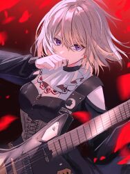 1girl 7-string_guitar bang_dream! bang_dream!_it&#039;s_mygo!!!!! black_dress blonde_hair clothing_cutout commentary doloris_(bang_dream!) dress extended_range_guitar grey_corset guitar hair_between_eyes hand_up highres holding holding_plectrum instrument long_sleeves looking_at_viewer medium_hair misumi_uika plectrum purple_eyes schecter_guitar shoulder_cutout solo wasabi_(dione)