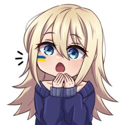 1girl :o black_choker blonde_hair blue_eyes blush choker facepaint hair_between_eyes henna_(hentaiukr) hentaiukr korzynka_persykiv long_hair non-web_source off_shoulder own_hands_clasped own_hands_together purple_sweater solo sticker surprised sweater transparent_background ukrainian_flag