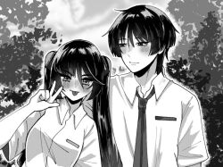 1boy 1girl alternate_costume arm_at_side blunt_bangs blunt_ends blush bow breast_pocket collared_shirt contemporary eyelashes genshin_impact greyscale hair_between_eyes hair_bow hand_up koviiy leaning_to_the_side long_hair looking_at_another looking_at_viewer mona_(genshin_impact) monochrome necktie outdoors pocket scaramouche_(genshin_impact) school_uniform shirt short_sleeves side-by-side sidelocks smile tongue tongue_out twintails v wispy_bangs