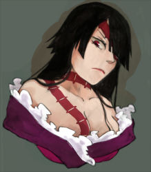 00s 1girl adiane bad_id bad_pixiv_id black_hair breasts cleavage eyepatch female_focus frown long_hair medium_breasts mise red_eyes solo tattoo tengen_toppa_gurren_lagann