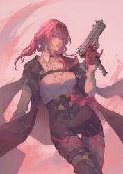 Rule 34 | 1girl, black jacket, breasts, butterfly pin, eyewear on head, gloves, gun, hair between eyes, highres, holding, holding gun, holding weapon, honkai: star rail, honkai (series), jacket, kafka (honkai: star rail), long hair, long sleeves, looking at viewer, medium breasts, pantyhose, pinky out, purple eyes, purple gloves, purple hair, round eyewear, shi (shi zumii), shirt, shorts, simple background, smile, sunglasses, weapon, white shirt