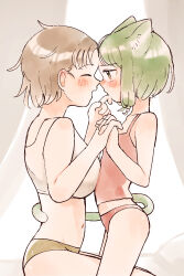 age_difference animal_ears blush breast_press breasts brown_hair brown_panties camisole cat_ears cat_girl cat_tail eye_contact flat_chest green_hair highres holding_hands interlocked_fingers large_breasts loli looking_at_another noses_touching onee-loli open_mouth original panties pink_camisole pink_panties short_hair sitting sports_bra tail takeno_(takenoo2) underwear yuri