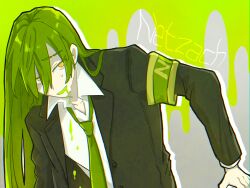Rule 34 | 1boy, ambiguous green liquid, armband, black jacket, character name, collared shirt, drooling, enkephalin (project moon), formal clothes, green armband, green hair, green necktie, highres, jacket, lapels, lobotomy corporation, long hair, necktie, netzach (project moon), open clothes, open jacket, project moon, shirt, solo, suit jacket, white shirt, yellow eyes, yotsumi (34tarib)