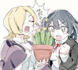 +_+ 2girls :d aisamu_4444293 black_hair black_jacket blonde_hair blush cactus collared_shirt commentary curtained_hair dress_shirt flower_pot green_ribbon grey_eyes hair_ornament hair_over_one_eye holding holding_flower_pot jacket letterman_jacket long_hair long_sleeves love_live! love_live!_nijigasaki_high_school_idol_club mia_taylor multiple_girls neck_ribbon one_eye_covered one_side_up open_clothes open_jacket open_mouth plant potted_plant red_ribbon ribbon shirt short_hair simple_background smile triangle_hair_ornament v-shaped_eyebrows white_background white_shirt winter_uniform yuki_setsuna