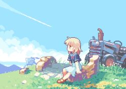 1girl animated animated_gif bicycle bird blinking blonde_hair grass meadow medium_hair nature original outdoors oyuzaki_(ayuzaki) pixel_art profile ruins rust sitting sky solo tractor wind