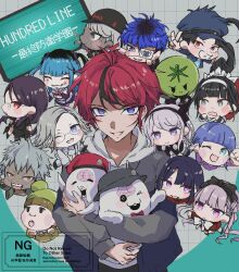 6+boys 6+girls ^_^ ahoge amemiya_darumi aotsuki_eito aqua_background black_bow black_hair black_hairband black_hat black_shirt blonde_hair blue_eyes blue_hair blue_hat blue_jacket blush blush_stickers bow bow_hairband bowtie braid brain brown_hair chibi closed_eyes copyright_name drawstring earrings eye_print eyepatch gakuran ginzaki_shouma glasses green_hat green_jacket grey_background grey_hair grey_jacket grid_background hair_bow hairband hat heart highres hokurou_san holding holding_chibi holding_wrench hood hoodie jacket jewelry kawana_tsubasa kirifuji_nozomi long_hair magadori_kyoshika maruko_gaku masked mojiro_moko multicolored_hair multicolored_jacket multiple_boys multiple_girls nigou_(hundred_line) omokage_yugamu one_eye_closed oosuzuki_kurara open_mouth pink_eyes ponytail purple_eyes purple_hair red_bow red_bowtie red_eyes red_hair red_hat safety_pin school_uniform shirt shizuhara_hiruko short_hair single_earring sirei_(hundred_line) smile streaked_hair striped_clothes sumino_takumi sunglasses teeth the_hundred_line_-last_defense_academy- tomato tsukumo_ima tsukumo_kako twintails two-tone_background two-tone_jacket two-tone_shirt upper_teeth_only v watermark white_bow white_hairband white_hoodie white_jacket white_shirt wrench yakushiji_takemaru yellow_eyes