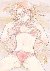1boy blush bra bulge come_hither crossdressing erection erection_under_clothes food frilled_bra frilled_panties frilled_shirt frills fruit grey_eyes heart heart-shaped_pupils lemicon looking_at_viewer lying medium_hair on_back on_bed open_clothes open_shirt original panties peach penis_in_panties pink_bra pink_hair pink_panties shirt side-tie_panties symbol-shaped_pupils trap underwear