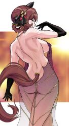 1girl animal_ears artist_request ass back back_focus backless_dress backless_outfit bare_back bare_shoulders black_gloves braid braided_hair_rings breasts dress ear_covers ear_ornament elbow_gloves from_behind gentildonna_(umamusume) gloves hair_rings highres horse_ears horse_girl horse_tail large_breasts looking_at_viewer looking_back see-through_clothes see-through_dress shoulder_blades smile solo tail umamusume