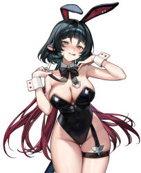 1girl :q animal_ears black_bow black_bowtie black_hair black_leotard blush bow bowtie breasts cleavage colored_inner_hair cowboy_shot detached_collar fake_animal_ears green_eyes groin highleg highleg_leotard highres jane_doe_(zenless_zone_zero) leotard long_hair looking_at_viewer medium_breasts mouse_ears mouse_girl mouse_tail multicolored_hair playboy_bunny rabbit_ears red_hair red_nails simple_background skindentation smilesmile1312 solo strapless strapless_leotard tail thigh_strap tongue tongue_out white_background white_wrist_cuffs wrist_cuffs zenless_zone_zero