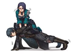 1boy 1girl armor black_boots black_cape black_gloves black_hair black_pants boots cape commentary english_commentary exercising fire_emblem fire_emblem:_three_houses forehead girl_on_top gloves highres hiomaika jacket looking_at_viewer male_byleth_(fire_emblem) nintendo pants push-ups second-party_source shamir_nevrand short_hair simple_background sitting twitter_username white_background