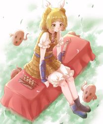 absurdres blonde_hair bloomers breasts double_bun food full_body grass gumi_(fwjn7284) hair_bun highres joutouguu_mayumi leaning_forward medium_hair outdoors puffy_short_sleeves puffy_sleeves shirt short_sleeves sitting skewer small_breasts takoyaki touhou underwear white_bloomers white_shirt