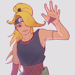 Rule 34 | 1boy, :d, blonde hair, blue eyes, deidara (naruto), fishnets, forehead protector, grey background, grin, long hair, looking at viewer, makidsume, male focus, naruto (series), naruto shippuuden, ninja, open mouth, ponytail, simple background, smile, solo, teeth, upper body