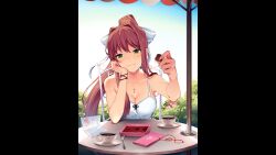 1girl :&lt; :3 :o angry bare_shoulders black_border black_bow blue_sky border bow box box_of_chocolates bracelet breasts brown_hair bush card chair character_name chest_bow chibi chocolate cleavage closed_eyes collarbone commentary cup curled_fingers day doki_doki_literature_club doki_doki_literature_club_plus dot_nose double-parted_bangs dress eavesdropping elbow_rest english_commentary eyebrows_hidden_by_hair fingernails floating_hair food game_cg green_eyes hair_between_eyes hair_bow hair_intakes half-closed_eyes hand_on_another&#039;s_head hand_on_own_cheek hand_on_own_face head_on_hand head_tilt heart high_ponytail highres holding holding_chocolate holding_food jewelry large_bow leaning_forward light_blush long_eyelashes long_hair long_sidelocks looking_at_viewer medium_breasts monika_(doki_doki_literature_club) natsuki_(doki_doki_literature_club) necklace non-web_source o_o official_art outdoors outstretched_arm peeking pillarboxed pink_hair plate ponytail pov_across_table promotional_art purple_hair raised_eyebrows satchely sayori_(doki_doki_literature_club) sidelocks sitting sky sleeveless sleeveless_dress smile solo_focus spaghetti_strap spoon sunlight table tea teacup thick_eyelashes triangle_mouth tsurime two_side_up umbrella upper_body v-shaped_eyebrows valentine very_long_hair white_bow white_dress yuri_(doki_doki_literature_club)