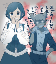 2girls belt blue_eyes blue_hair blue_skirt collared_shirt commentary_request cone_hair_bun cowboy_shot double_bun flying_sweatdrops frilled_shirt frills fukurai_azami gloves glowing glowing_eyes hair_bun hand_on_own_hip hand_up highres hood hood_down hoodie jasmine_(toshi_densetsu_kaitai_center) jumpsuit long_sleeves looking_at_viewer multiple_girls nervous open_mouth partially_fingerless_gloves rio30 shaded_face shirt short_hair skirt smile standing tearing_up toshi_densetsu_kaitai_center translation_request white_shirt
