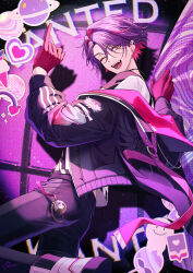1boy ;d absurdres colored_inner_hair commentary_request earclip fang from_side gloves highres jacket looking_at_viewer looking_to_the_side male_focus multicolored_hair nijisanji nonon_813 one_eye_closed open_clothes open_jacket open_mouth pants pink_gloves pink_hair pocket_watch purple_hair short_hair signature smile solo teeth two-tone_hair virtual_youtuber watarai_hibari watarai_hibari_(1st_costume) watch yellow_eyes
