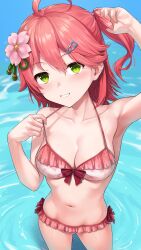 1girl absurdres ahoge alternate_costume arm_up armpits bikini breasts cleavage collarbone commentary commission fingernails flower frilled_bikini frills green_eyes hair_flower hair_ornament hairclip henria highres hololive looking_at_viewer medium_breasts navel one_side_up pink_flower red_hair sakura_miko skeb_commission solo swimsuit virtual_youtuber