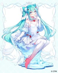 1girl :d aqua_hair bare_shoulders blue_border blue_eyes blush boots border bow breasts cleavage commentary_request copyright_notice dress elbow_gloves full_body gloves gradient_boots hair_bow hand_up hatsune_miku highres long_hair looking_at_viewer noyu_(noyu23386566) official_art open_mouth outside_border red_boots sitting smile solo strapless strapless_dress thigh_boots twintails very_long_hair vocaloid white_background white_boots white_bow white_dress white_gloves