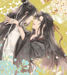 2boys bishounen black_hair black_hanfu branch cherry_blossoms chinese_clothes closed_mouth coat couple eye_contact face-to-face falling_petals floral_background flower grey_coat hair_down hair_ribbon half_updo hanfu headband highres hug lan_wangji long_hair long_sleeves looking_at_another male_focus modao_zushi multiple_boys off_shoulder official_alternate_costume official_alternate_hairstyle open_mouth petals pink_flower profile purple_eyes red_ribbon ribbon robe sidelocks smile topknot twitter_username upper_body very_long_hair w2biiro watermark wei_wuxian wei_wuxian_(yiling_laozu) white_hanfu white_headband wide_sleeves xiao_guan_(headdress) yaoi yellow_eyes